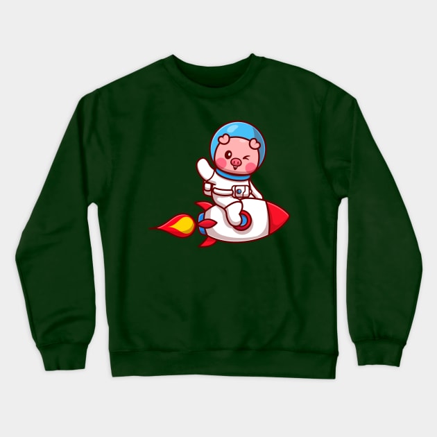 Cut Pig Astronaut Riding Rocket And Waving Hand Cartoon Crewneck Sweatshirt by Catalyst Labs